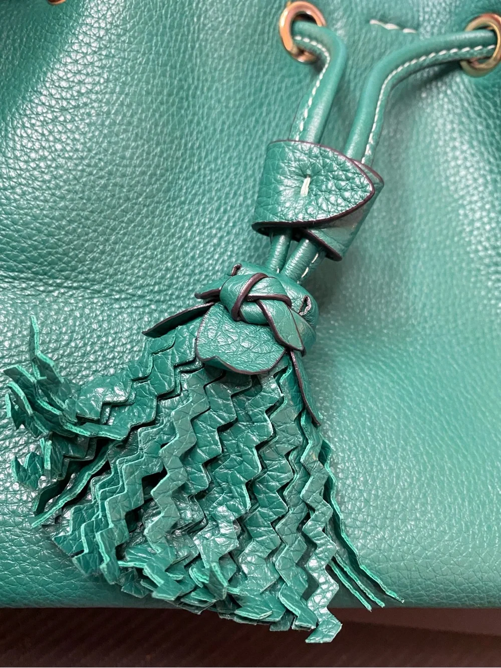 Coach Everly Jade Green Leather Drawstring Bucket Bag, Tassel w/ gold hardware
